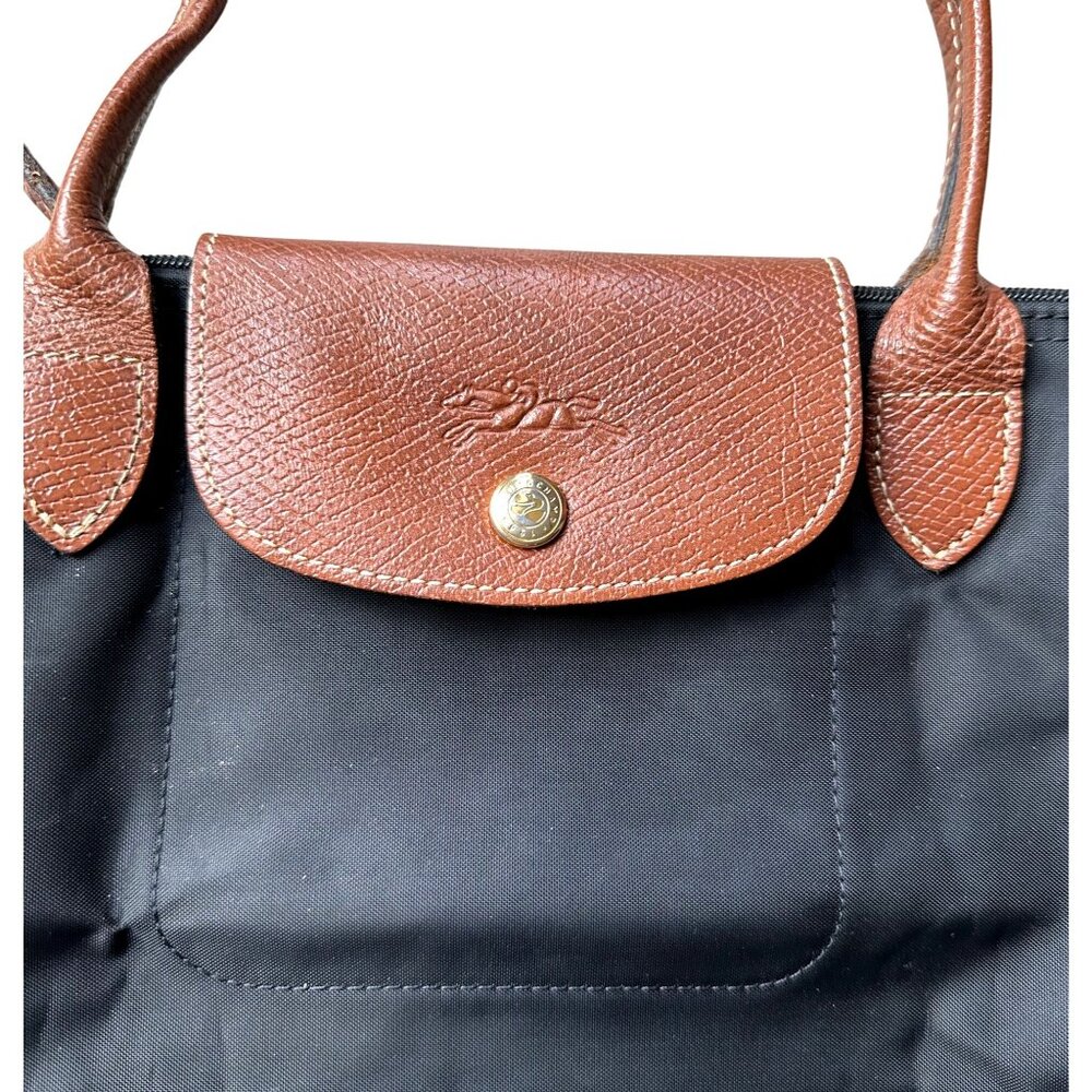 Longchamp Le Pliage Shopping MODÈLE DÉPOSÉ Black w/ Brown Leather Trim Tote Bag - Picture 7 of 11